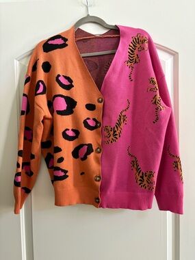 Colorblock Leopard & Tiger Print Button Cardigan - Orange & Pink